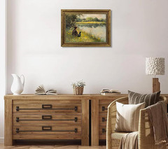 Vintage Gold Framed Wall Art Boy Fishing Country Painting Picture Peaceful Lake