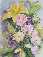 Painter Suzanne Obrand, Holocaust Survivor, Watercolor „Fresh Cut Flowers“