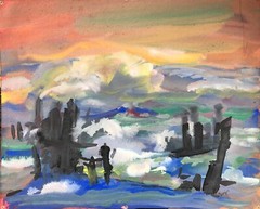 Rough Ocean Shore Line/Pier Ruins Modern W/C Painting-1940s/50s-Armando Sozio