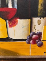 Vintage Still Life Painting – Bottles of Wine and Grapes – Framed Oil on Canvas