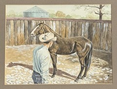Bob Moline, Texan (1938-2021) Ranch Scene Watercolor Painting – „Breaking Pen“