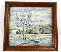 VTG Russian Winter Landscape Crushed Gemstone Painting Wooden Frame 10.5″x9.5″