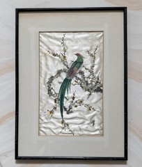 Vintage Handpainted Silk Bird Art From Vietnam with Custom Bamboo Look Frame