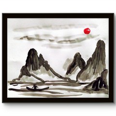 Japanese Ink Look Acrylic Mountains Canoe Original Signed Paper Art 11×14 BACH