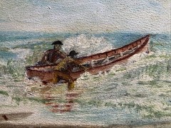Vtg Folk Nautical Oil on Board Lifeboat in Surf – Crew in Oilskins & Souwesters