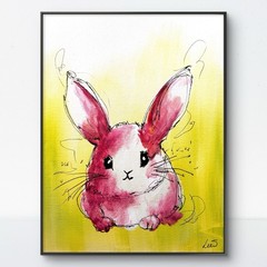 Original Abstract Expressionism 11×14 Cute Bunny Handmade Signed Fine Art 83