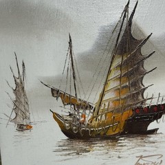 2 Vintage Asian Junk Boat Wall Art Pair Signed Framed nautical wall decor