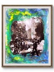 City History Mixed Media 11×14 Original Signed Modern Wall Art Teal BACH