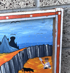 Vintage Tigua Folk Art Village Town Painting Sheepskin Canvas Ecuador 31×23″