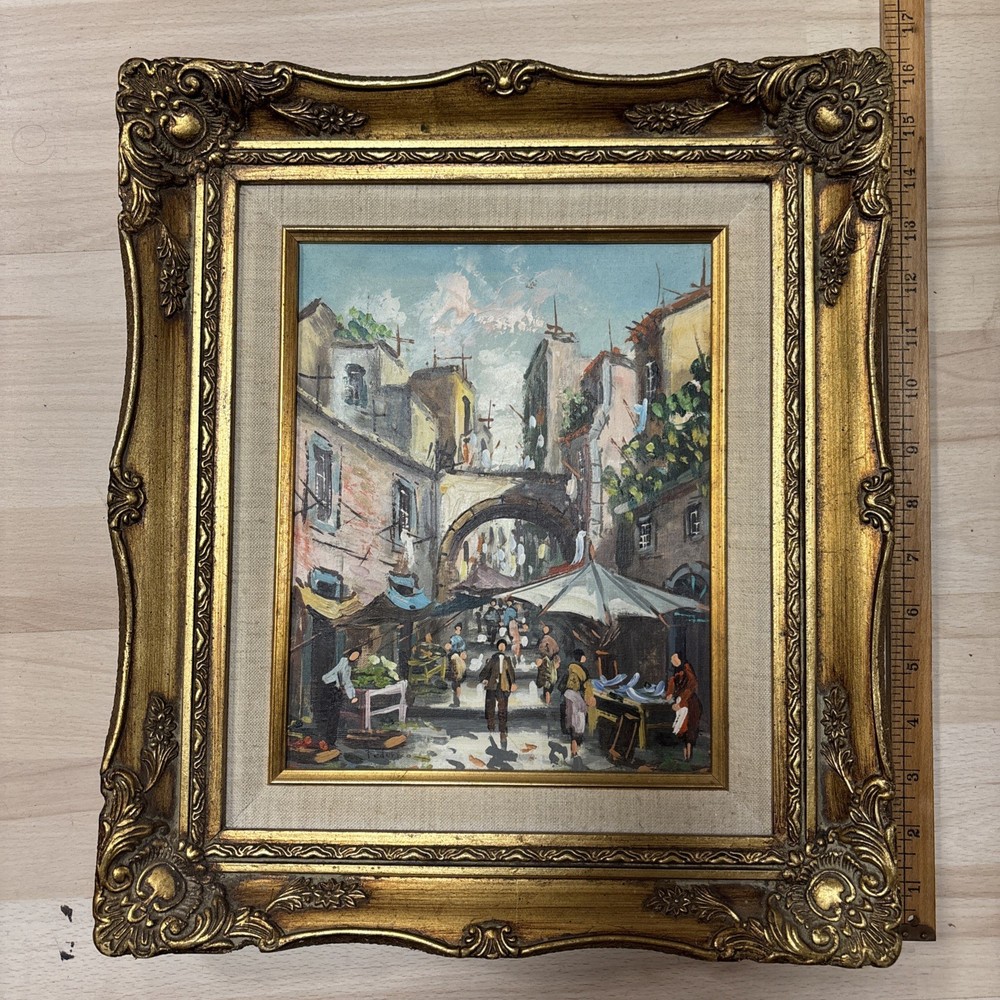 VINTAGE OIL PAINTING CANVAS SIGNED MARKET STREET SCENE ITALIAN CITYSCAPE 13×15