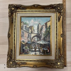 VINTAGE OIL PAINTING CANVAS SIGNED MARKET STREET SCENE ITALIAN CITYSCAPE 13×15