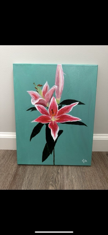 Contemporary Floral Painting Pink Lily Flowers on Canvas Signed Handmade
