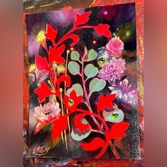 ORIGINAL Flower Still Life Painting Floral Art Red surreal Botanical Eucalyptus