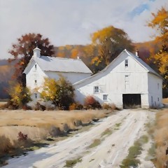 White House and Barn with colorful Fall Foliage print of a mixed media painting