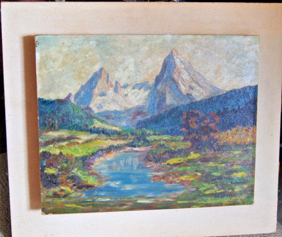 ::OIL PAINTING SIGN. WIRTH RIVER AND VALLEY LANDSCAPE WITH MOUNTAIN PANORAMA AND FIR FOREST