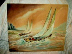 Vintage Nautical Regatta Race Oil Painting Sailboats Unique Color Signed 1960s