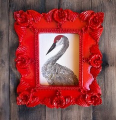 Sandhill Crane miniature art watercolor print in red vintage style ornate frame