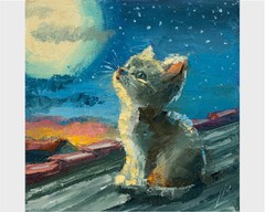Night Cat original oil painting Kitten Moon Landscape Impasto 8×8 inc ElenaBoyko