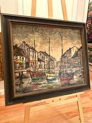 Vintage MCM Boats In Harbor Town Oil Painting 28 1/2″ x 25″