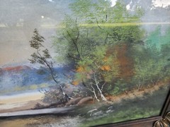Artist Peters? Colored Pastel Painting Landscape River Lake Woods Scene 40″X18″