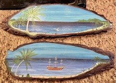 2 VTG Live Edge Wood Slice Hand Painted Wall Art Beach Nautical Painting LAMZ