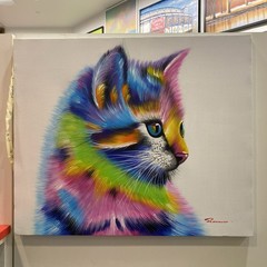 Oil Painting 20×24 rainbow cat on white background bright colors