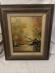 Vintage Oil Painting Wood Frame, Fall Woods And Stream Fisherman Scene Signed