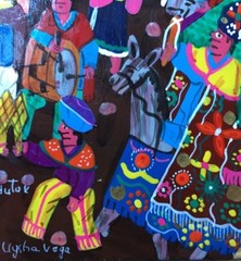 Minature Folk Peruvian Painting On Stretched Animal Hide. Bright Mid Century Mod