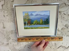 Original framed landscape painting mountains birch tree lake cabin decor
