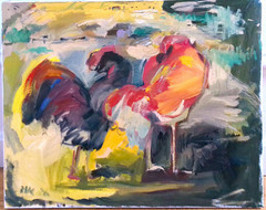 Roosters Americana Farm Cubism Western Landscape Oil Painting 16″x20″ Canvas BVC
