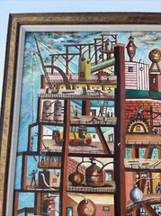 Vintage Industrial Painting Construction Workers Factory Urban Modernism Listed