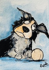 Cute Cartoon Dog ACEO Playful Pup with Ball Original Miniature Art Paint Gift