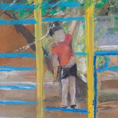 Boy on the ladder on playground spring street park Oil Painting 8x8in 20x20cm