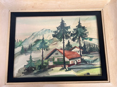 Framed Watercolor Print/Painting original Signed Cabin In The Woods by Robbi..?