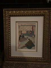 Yoshitoshi Bijin and Genre Scene Wood Cut Color On Laid Paper