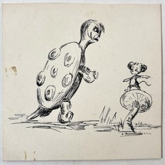 Vintage 1950s Angry Turtle & Mushroom Mouse Original Art Hand Drawn Illustration