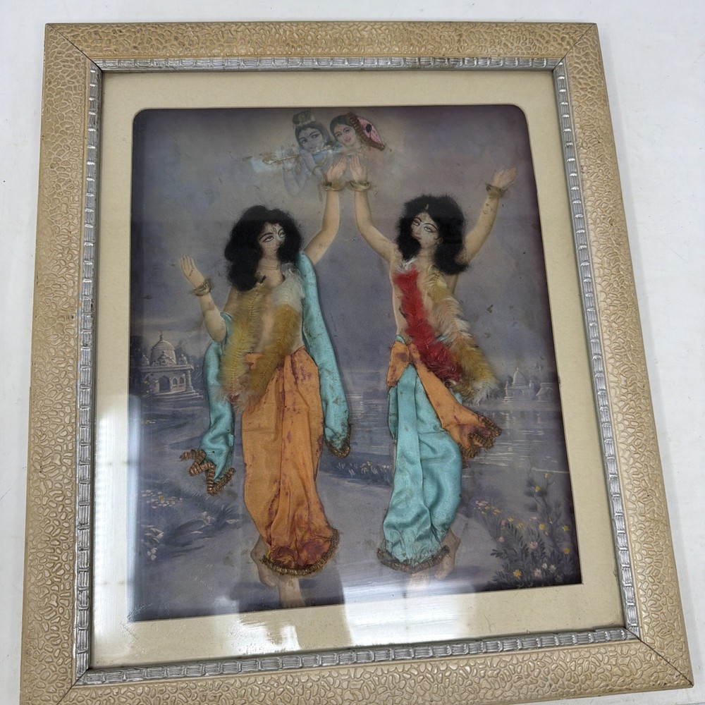 VTG Indian Mixed Media Dancing Women Art Silk Sari Fabric 3D Framed Painting