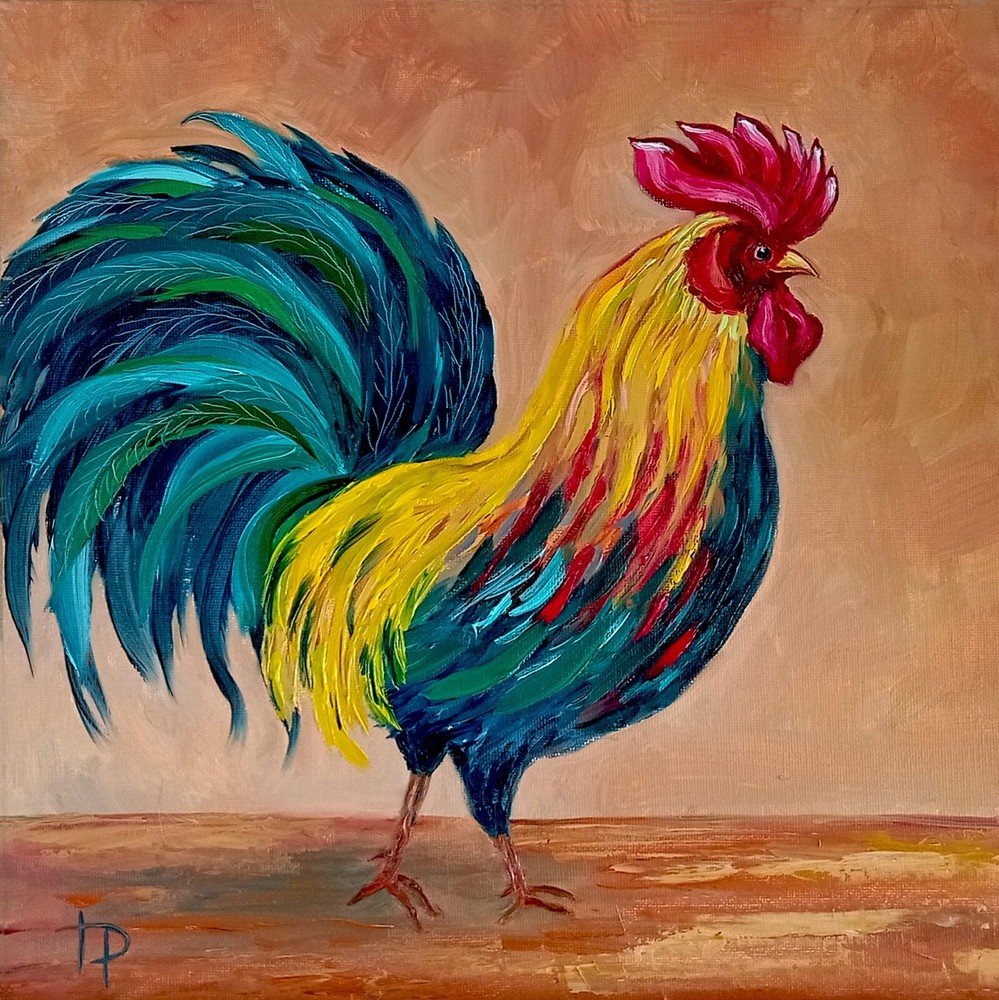 Rooster Painting Original Oil Artwork 100% Handmade Bird Art by Irene Pandin
