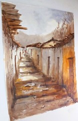 VINTAGE WATERCOLOR PAPER SIGNED MENDEZ SOUTH AMERICAN VILLAGE PERU STREET SCENE