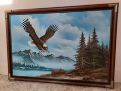 Vintage W. Amadio Signed 24″H x 36″W Eagle in Flight Oil on Canvas