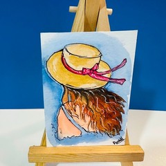 Original ACEO Watercolor Woman in Sun Hat Portrait Mini Painting Summer Artwork