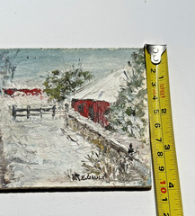 VTG Mini Impasto Oil Painting Snow Covered Farm Red Barn Signed ME GAULT 5.5”X4”
