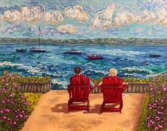 Boats seascape oil painting sea sail boat red chairs figurative framed