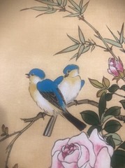 P.Chan Botanical/Bird on Silk Watercolor Art