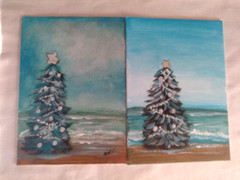 2 pcs Original Painting Acrylic on 5″x7″ Canvas Coastal Christmas Tree Lot