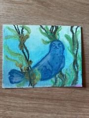 Original ACEO “Seal in the Kelp Forest” Oil Pastel 5.5 x 4.5 in