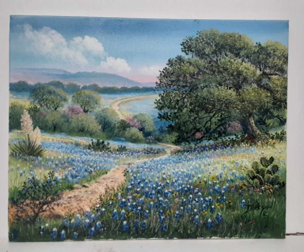 Bluebonnet Artist Bonnie Dickson Original Oil „Walk in the Bluebonnet- 18″ x 14“