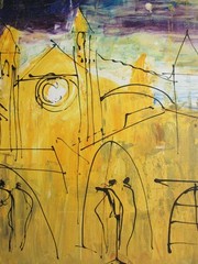Mallorca Expressive City Scene 60x90cm Acrylic/LW Spain with Purple Teracotta