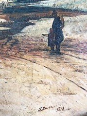 Signed Burlaici 1955 Oil Painting Winter Landscape Oval Gilt Frame Romanian Art