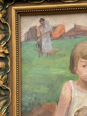French School Oil Painting Children Resting Signed Pierre Villain Impressionism